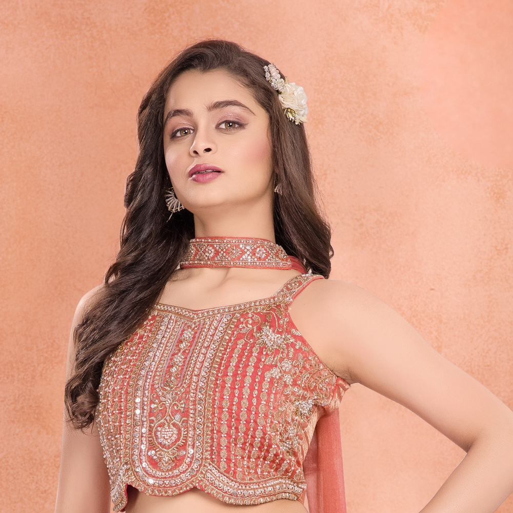 Peach Embroidered Crop Top with Palazzo & Dupatta Set