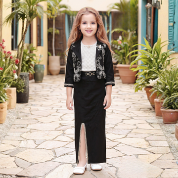 Girls black jacket and wide-leg pants set with white detailing