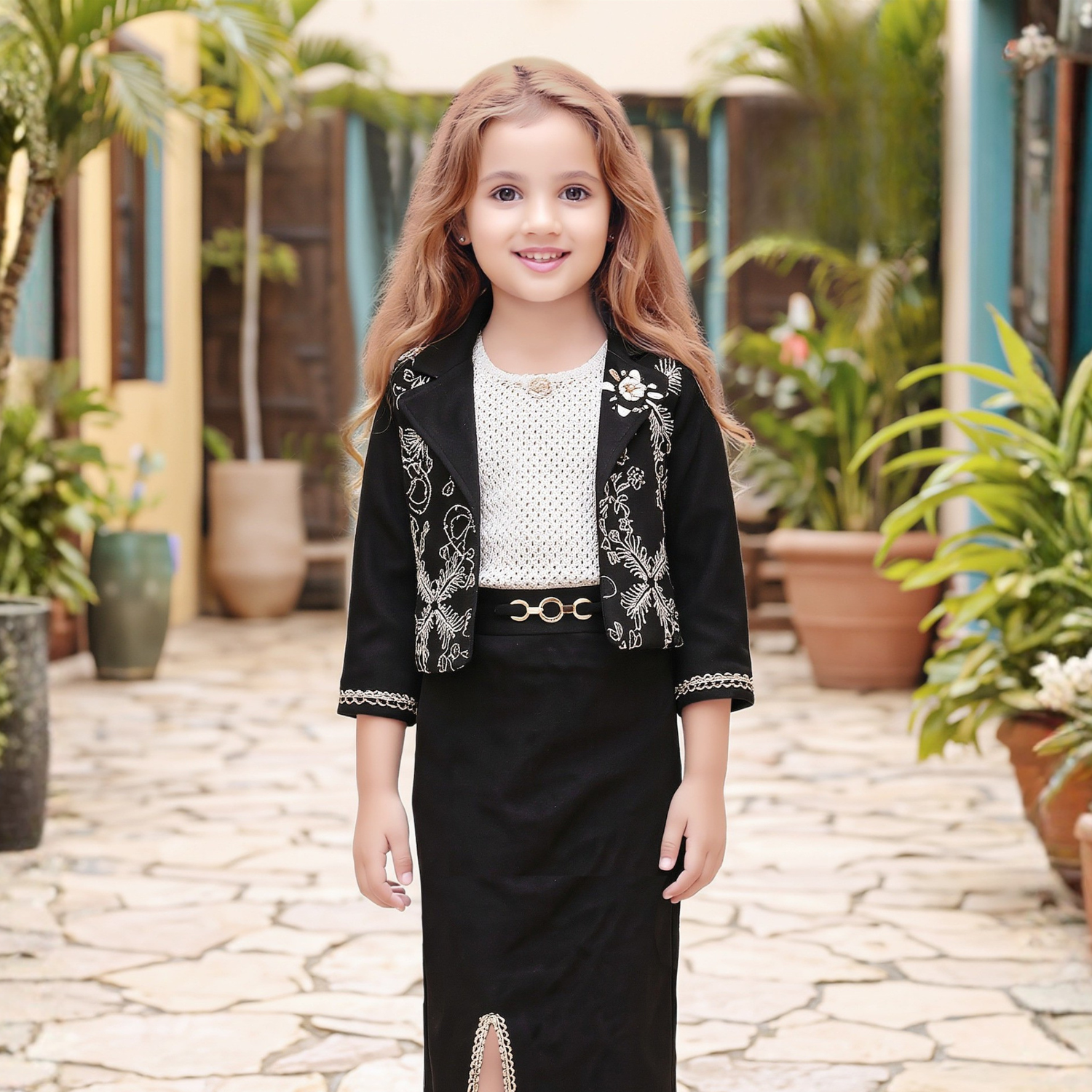 Girls black jacket and wide-leg pants set with white detailing