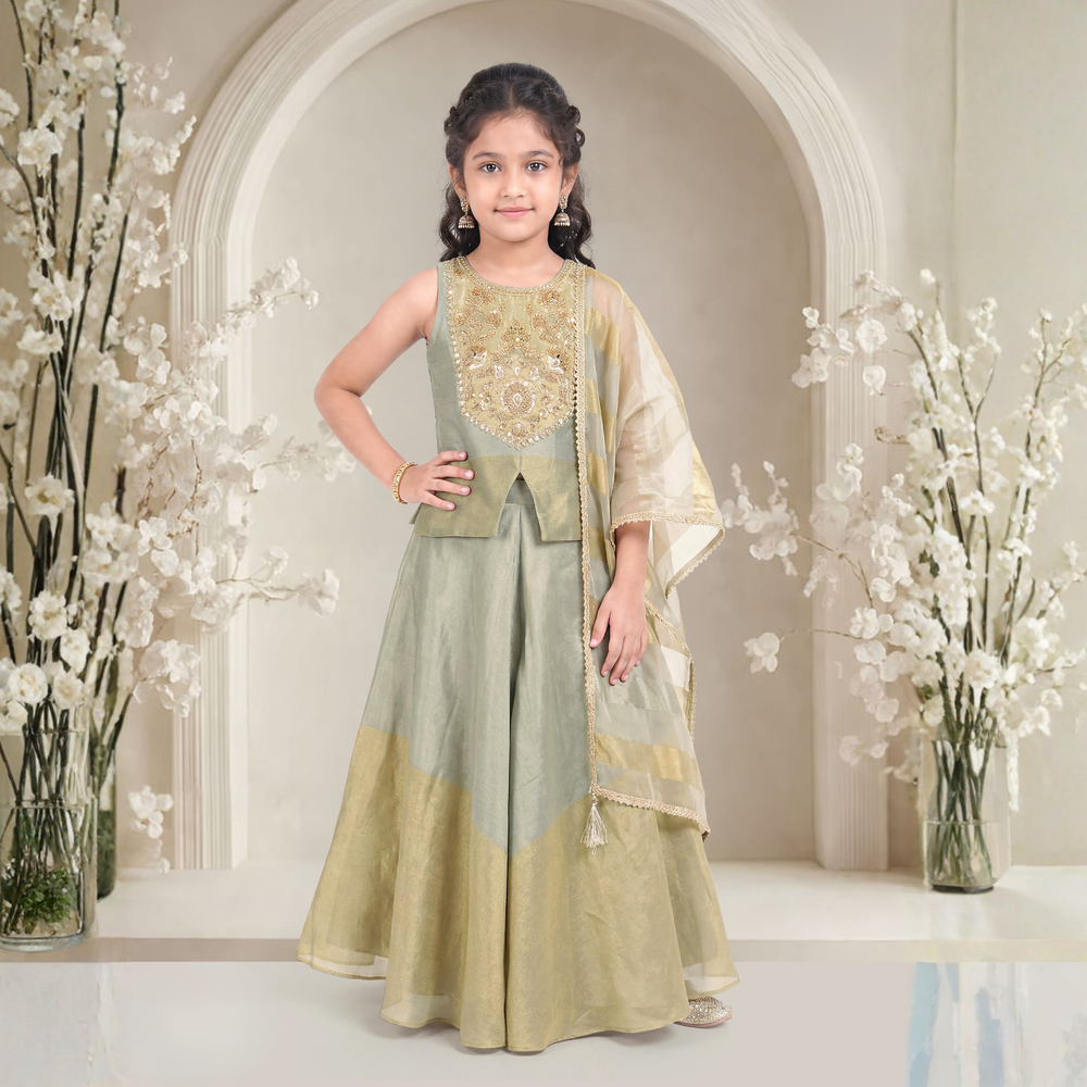 Gray Tissue Geometric Embroidered Palazzo Set