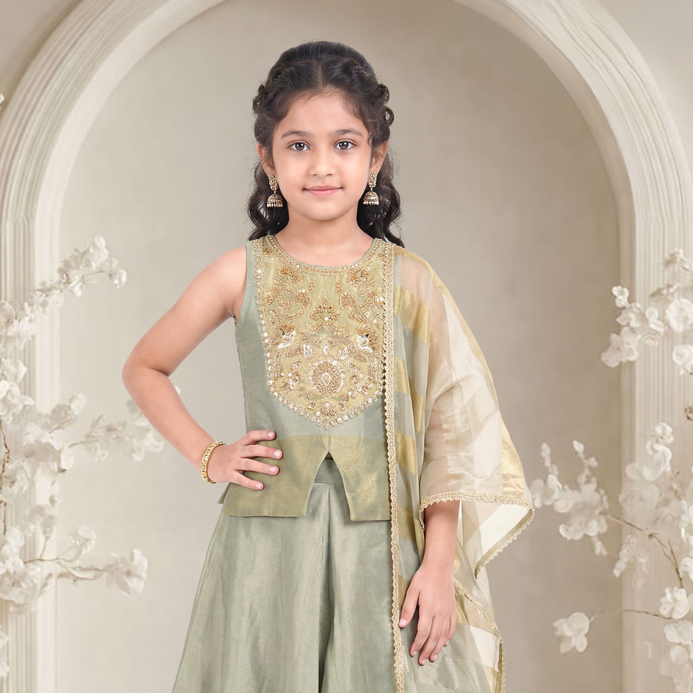 Gray Tissue Geometric Embroidered Palazzo Set