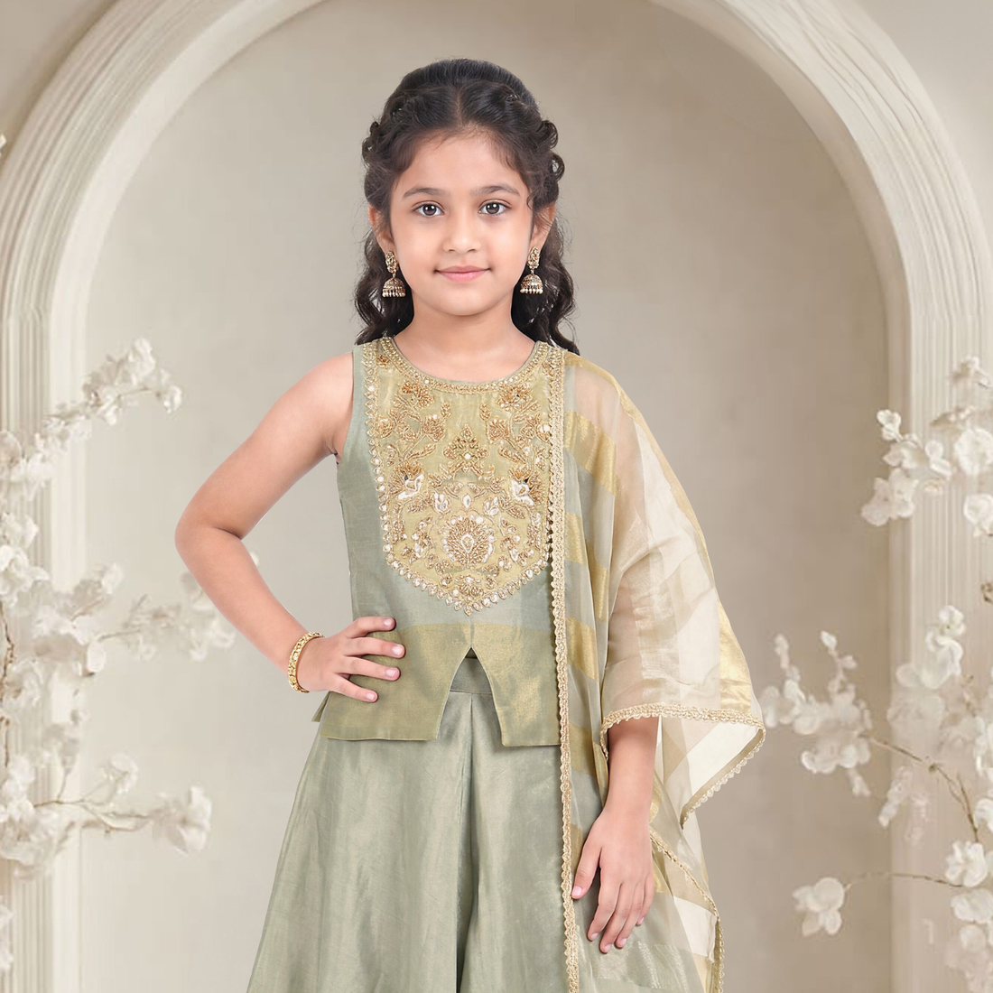 Gray Tissue Geometric Embroidered Palazzo Set