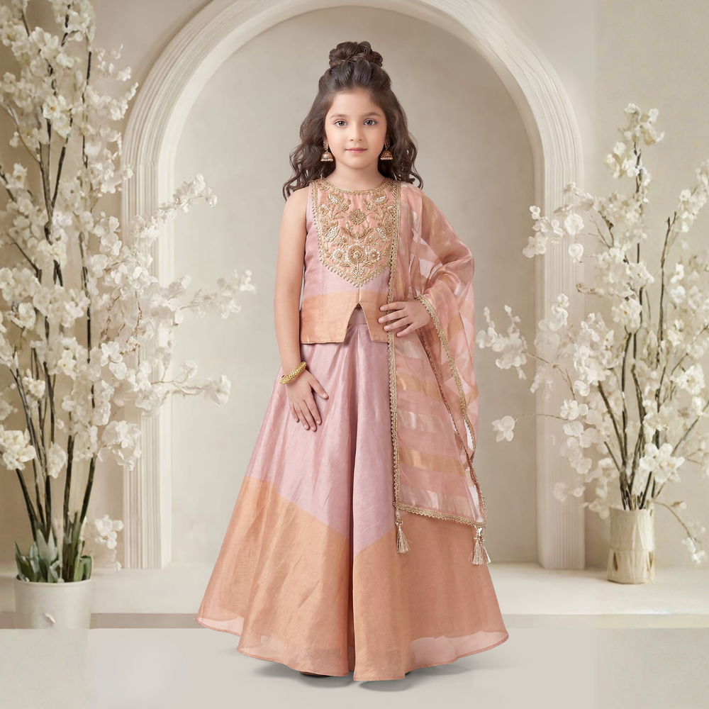 Peach Tissue Geometric Embroidered Palazzo Set
