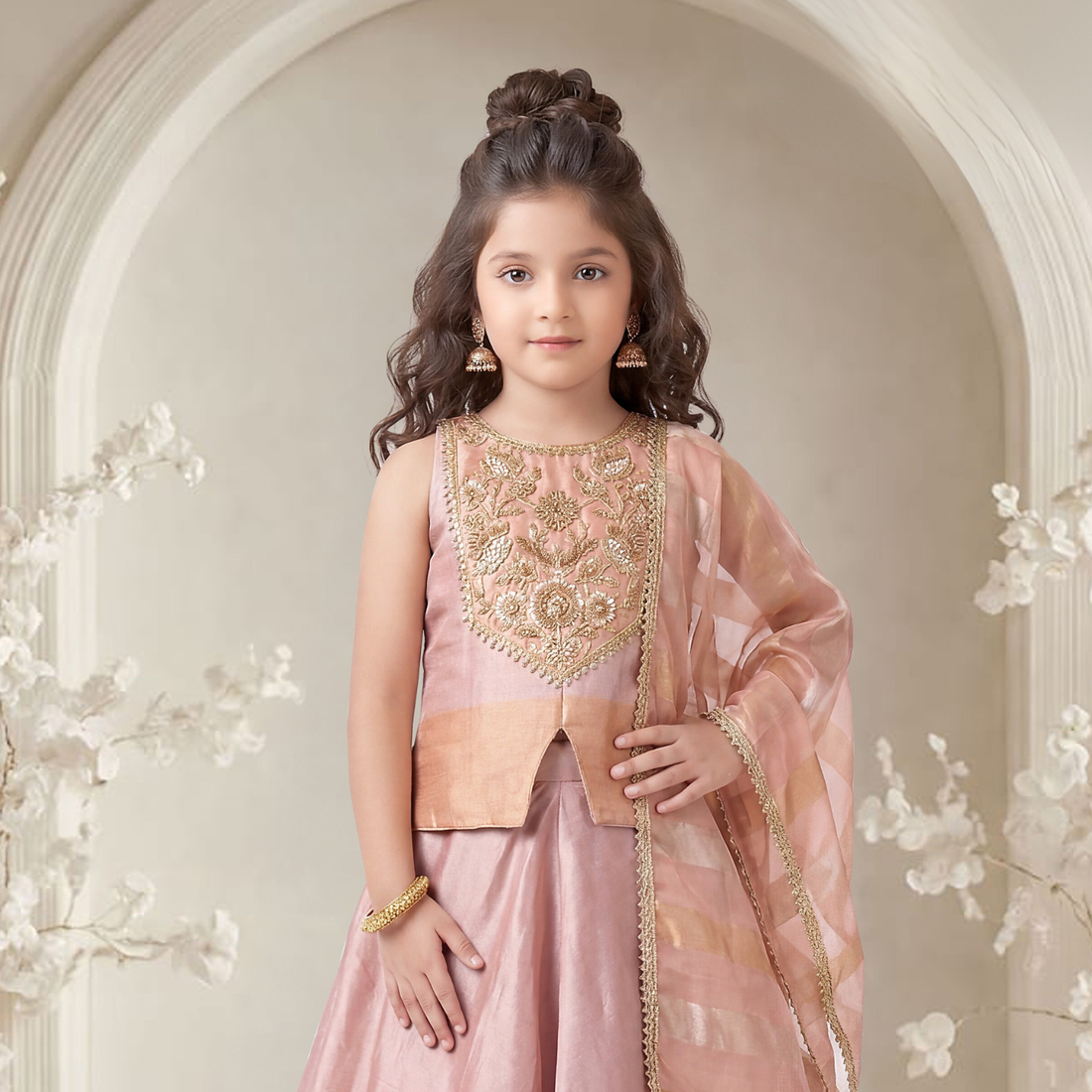 Peach Tissue Geometric Embroidered Palazzo Set