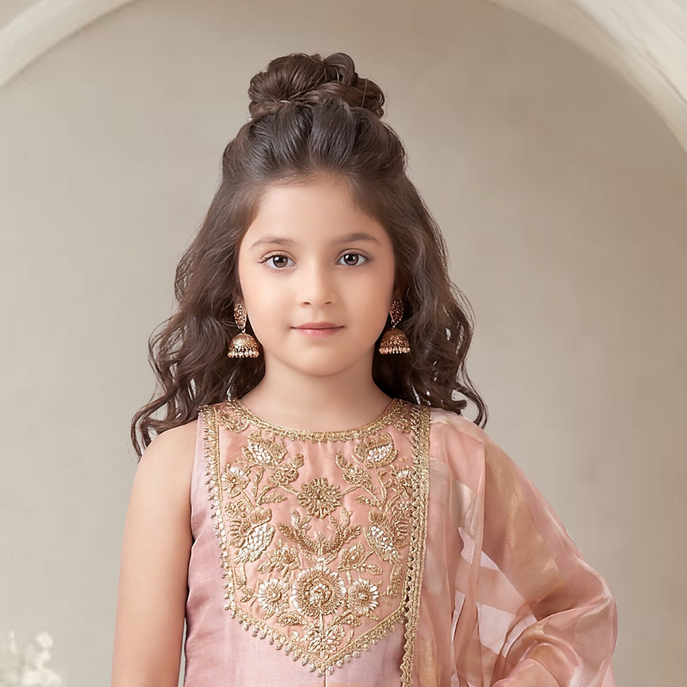 Peach Tissue Geometric Embroidered Palazzo Set