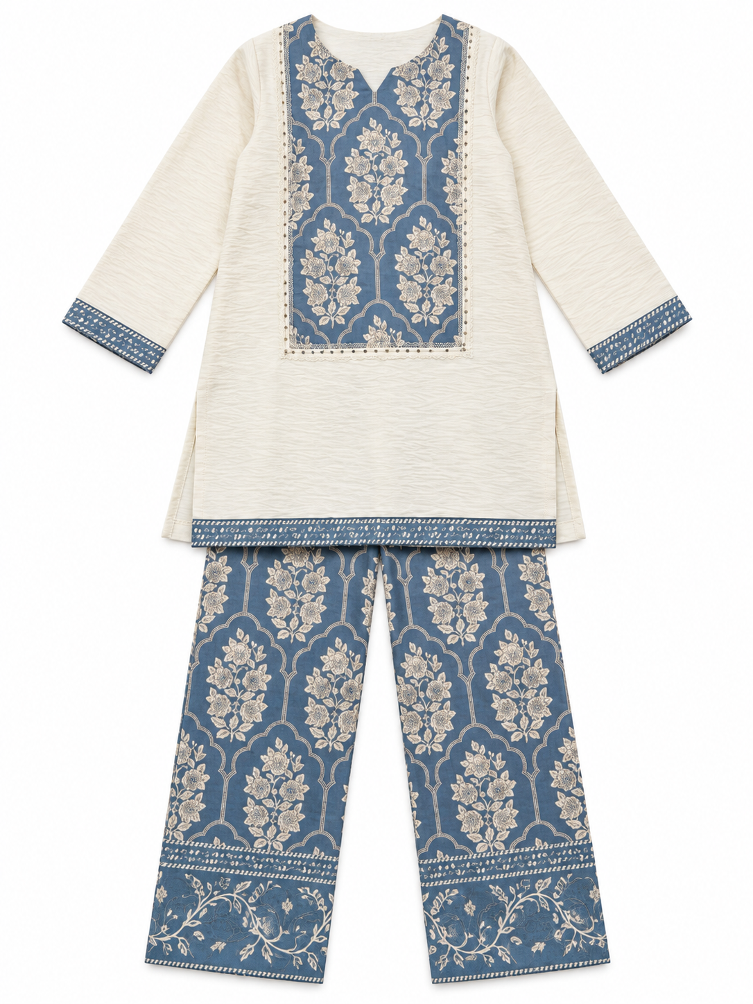 Girls Cream Kurta with Blue Floral Print Wide-Leg Pant Set