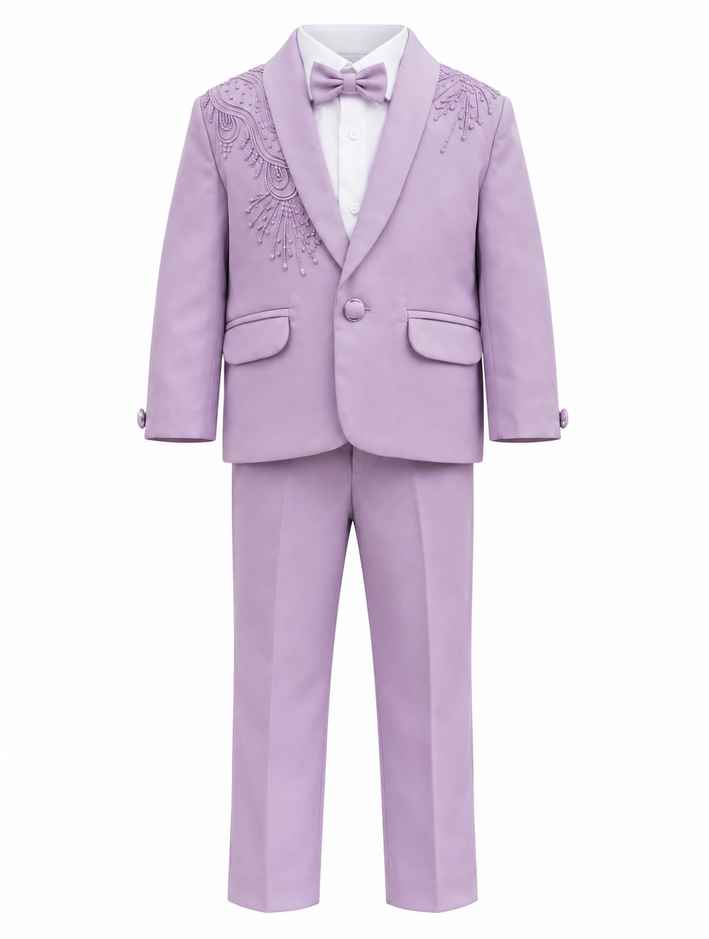 Boys Purple Embroidered Coat, Shirt and Trouser Set with Bow Tie