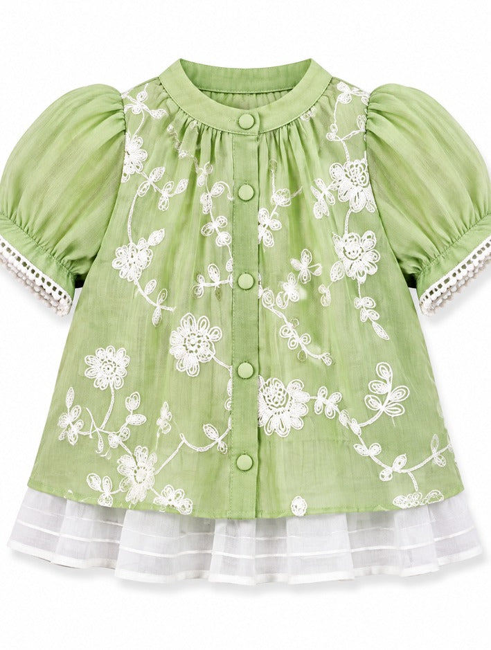 Girls Green Floral Embroidered Top and Palazzo Pants Set