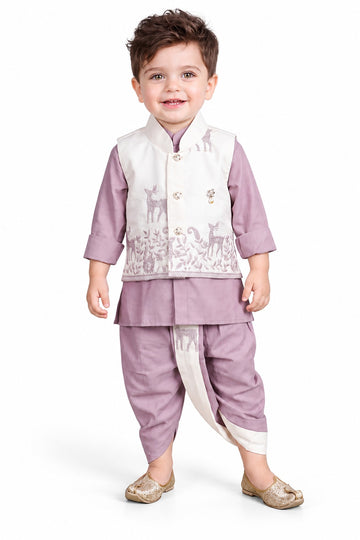 Boys Purple Kurta and Dhoti Set with Deer Motif Jacket (Shoes Not Included)