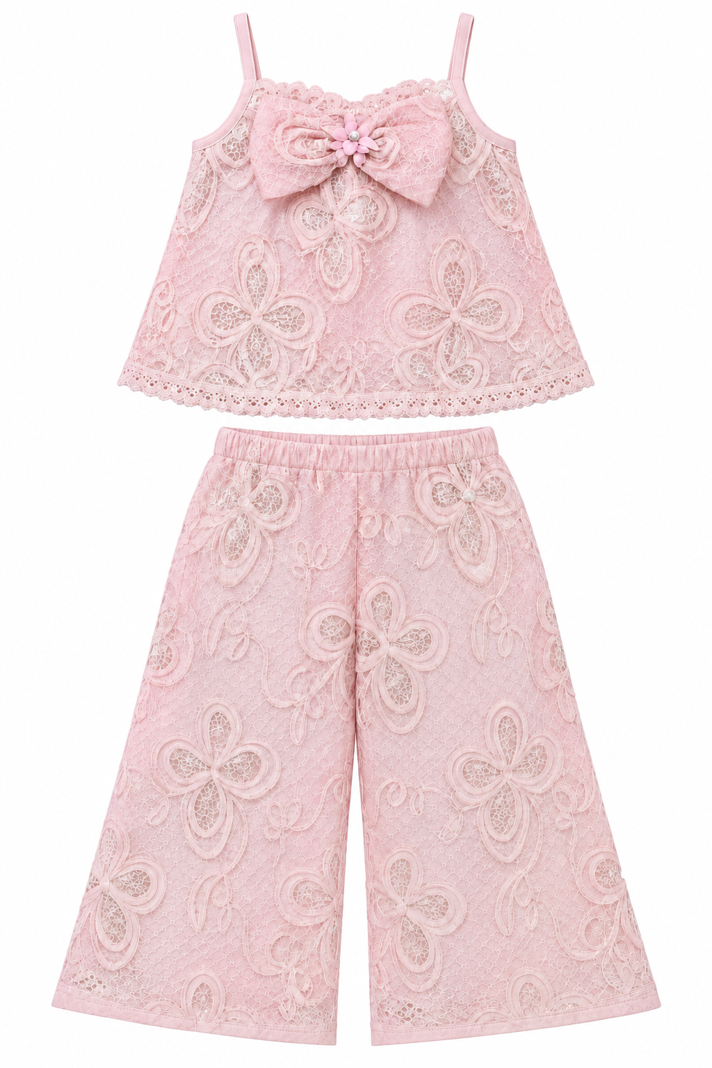 Girls Pink Floral Lace Bow Top and Palazzo Pants Set (Shoes Not Included)