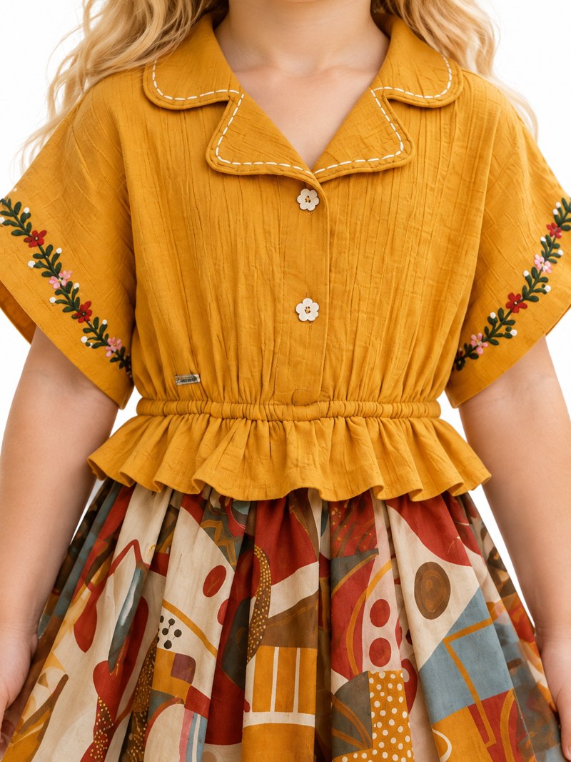 Girls Mustard Peplum Top and Printed Skirt Set