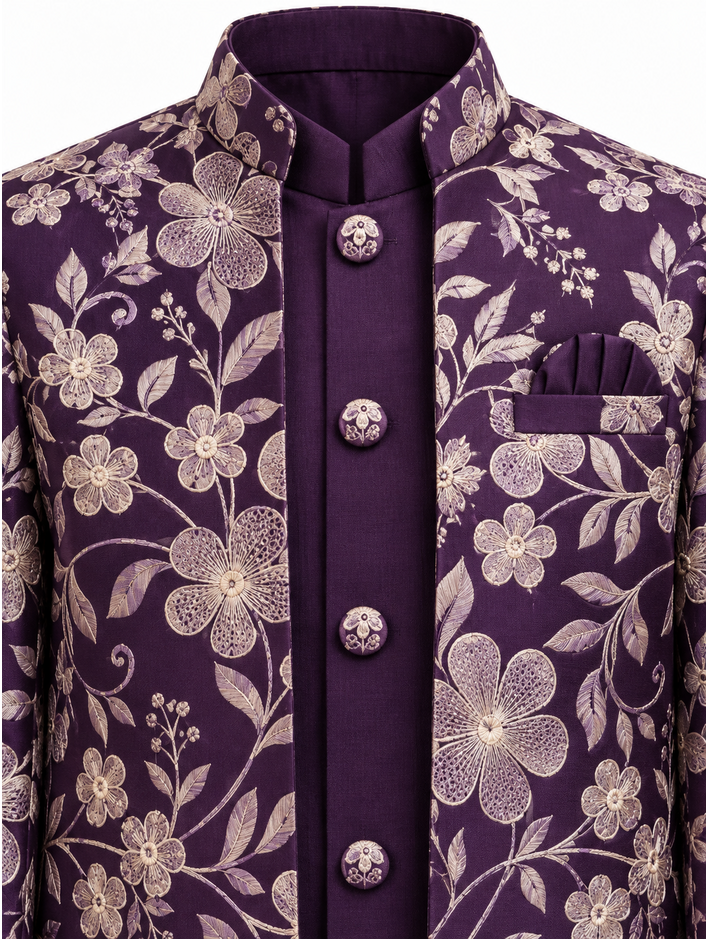Boys Purple Floral Jacket, Kurta and Trouser Set