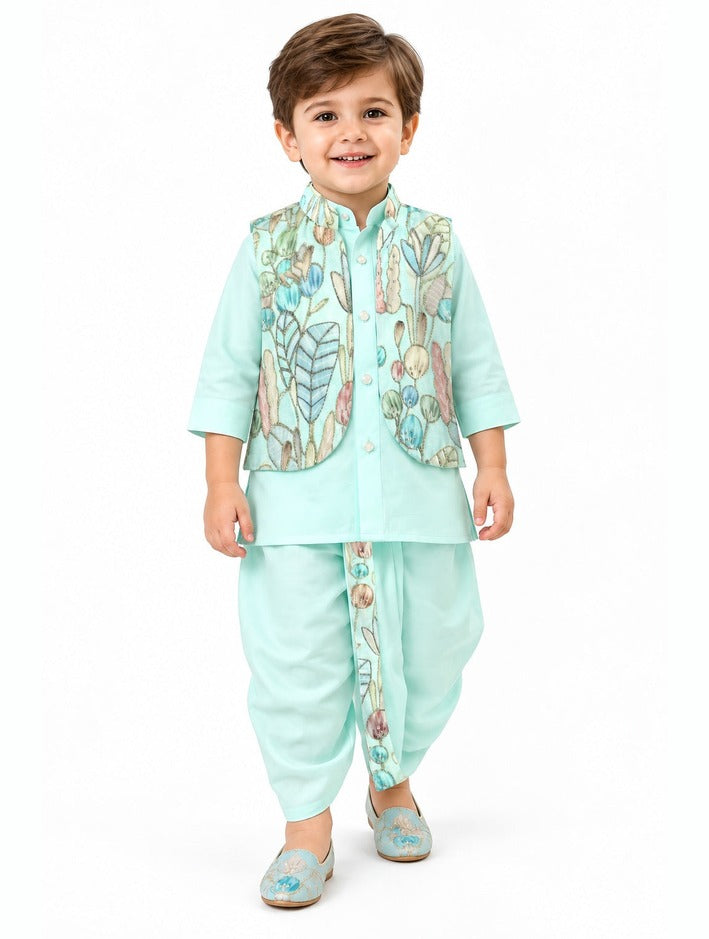 Boys Green Kurta, Dhoti and Floral Jacket Set (Shoes Not Included)