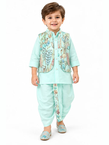 Boys Green Kurta, Dhoti and Floral Jacket Set