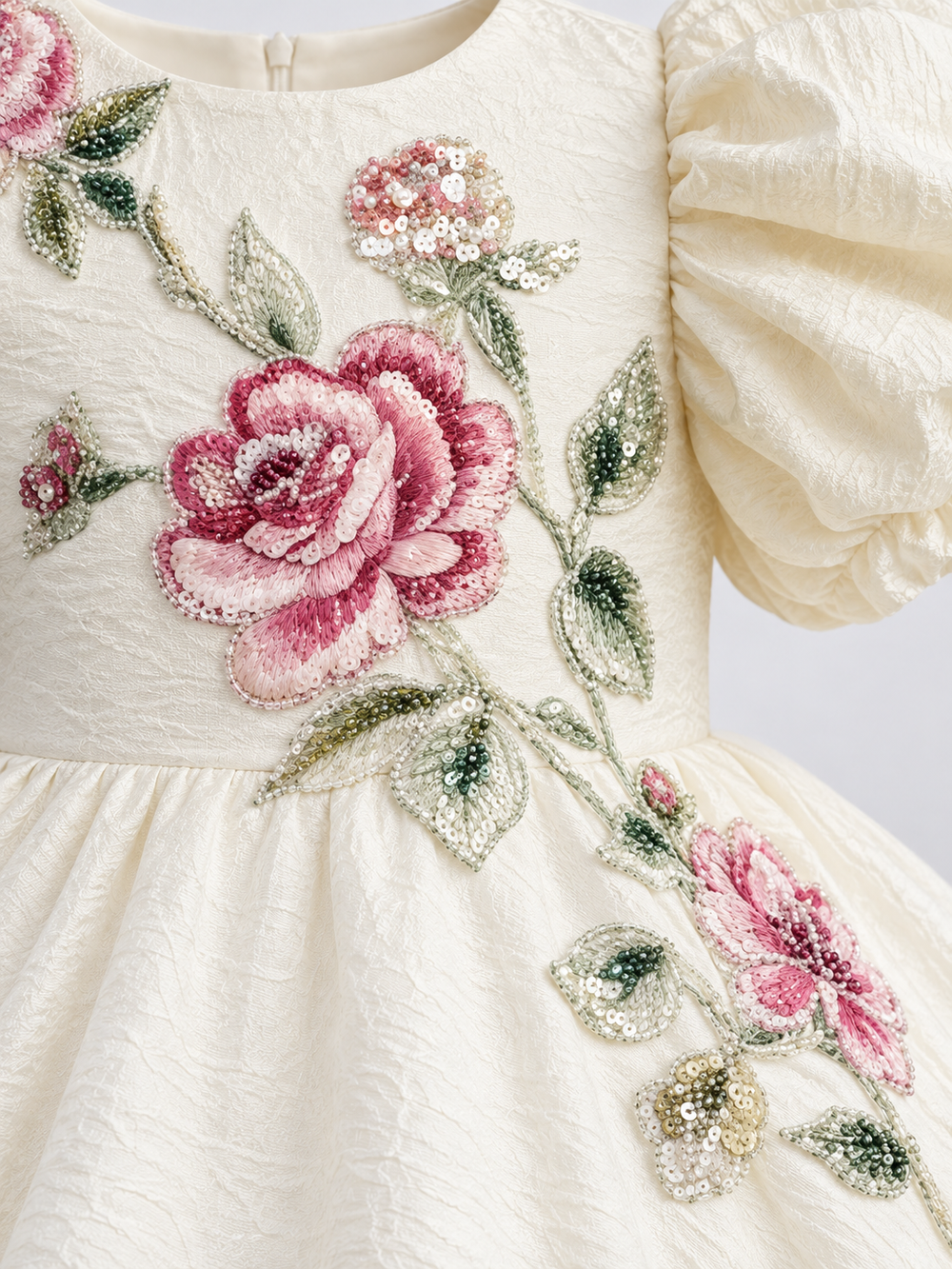 Girls Cream Party Frock with Floral Embroidery
