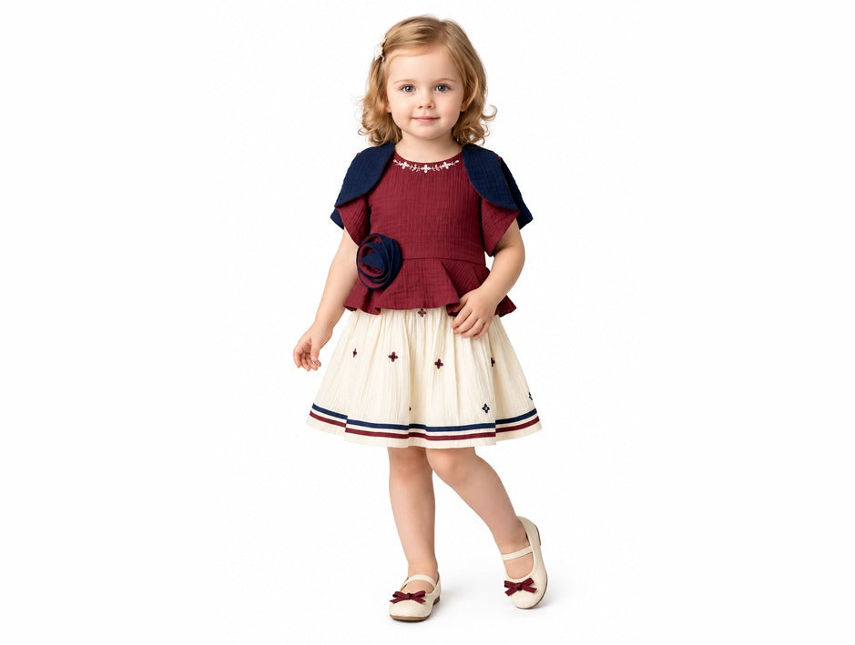 Girls Red Peplum Top and Cream Embroidered Skirt Set (Shoes Not Included)