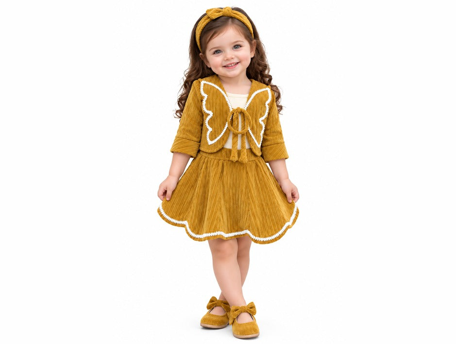 Girls Mustard Bow-Front Jacket and Flared Skirt Set (Shoes Not Included)
