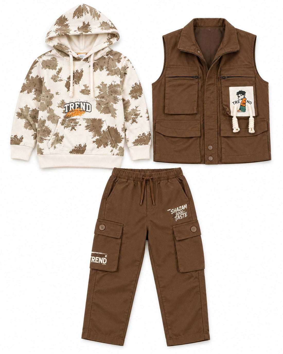 Boys Brown Utility Vest, Printed Hoodie and Cargo Pants Set