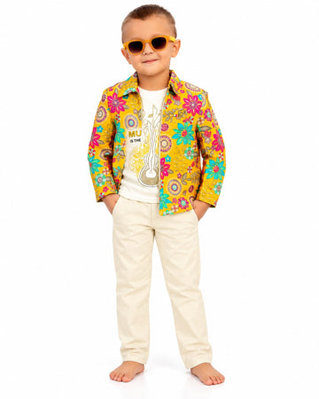 Boys Gold Floral Zip Jacket, Graphic Vest and Pants Set