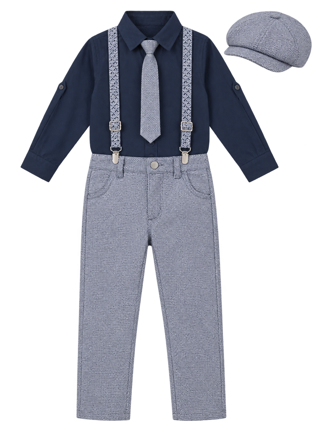 Boys Blue Shirt and Grey Pants Set with Tie and Suspenders