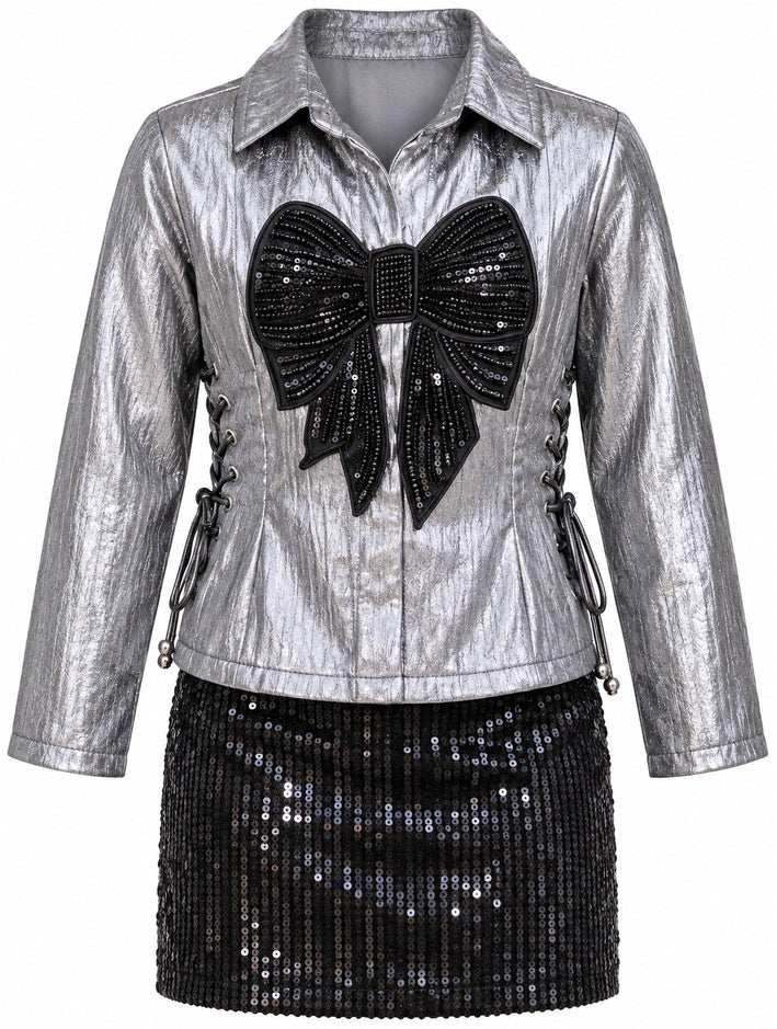 Girls Silver Bow Shirt and Black Sequin Skirt Set