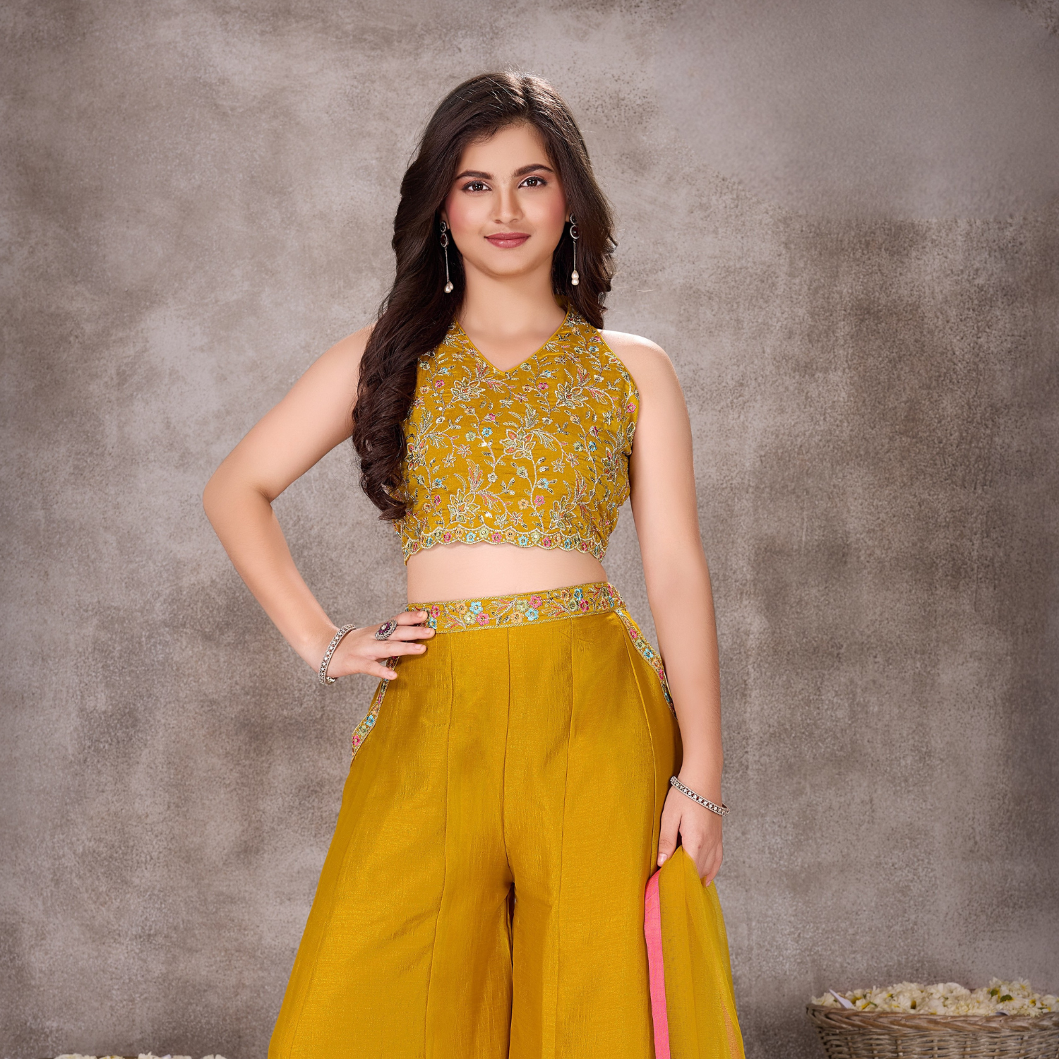 Ladies yellow embroidered palazzo set with dupatta
