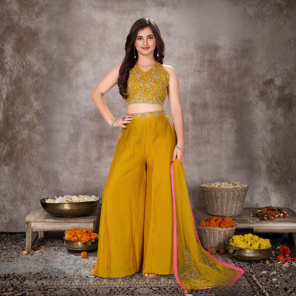 Ladies yellow embroidered palazzo set full view