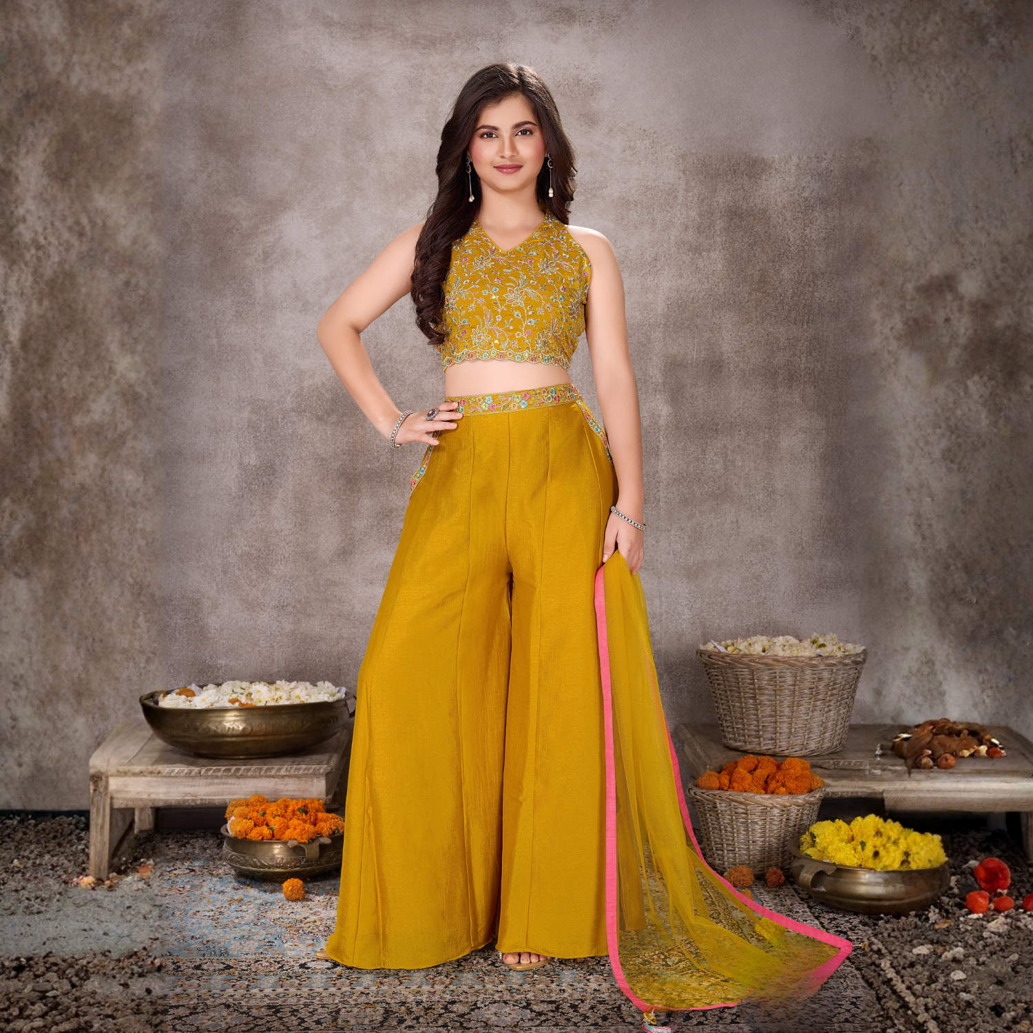 Ladies yellow embroidered palazzo set full view