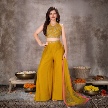 Ladies yellow embroidered palazzo set full view