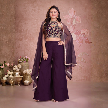 Girls Wine Designer Plazo Suit With Halter Neck Crop Top