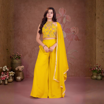 Girls Yellow Designer Palazzo Suit With Halter Neck Crop Top