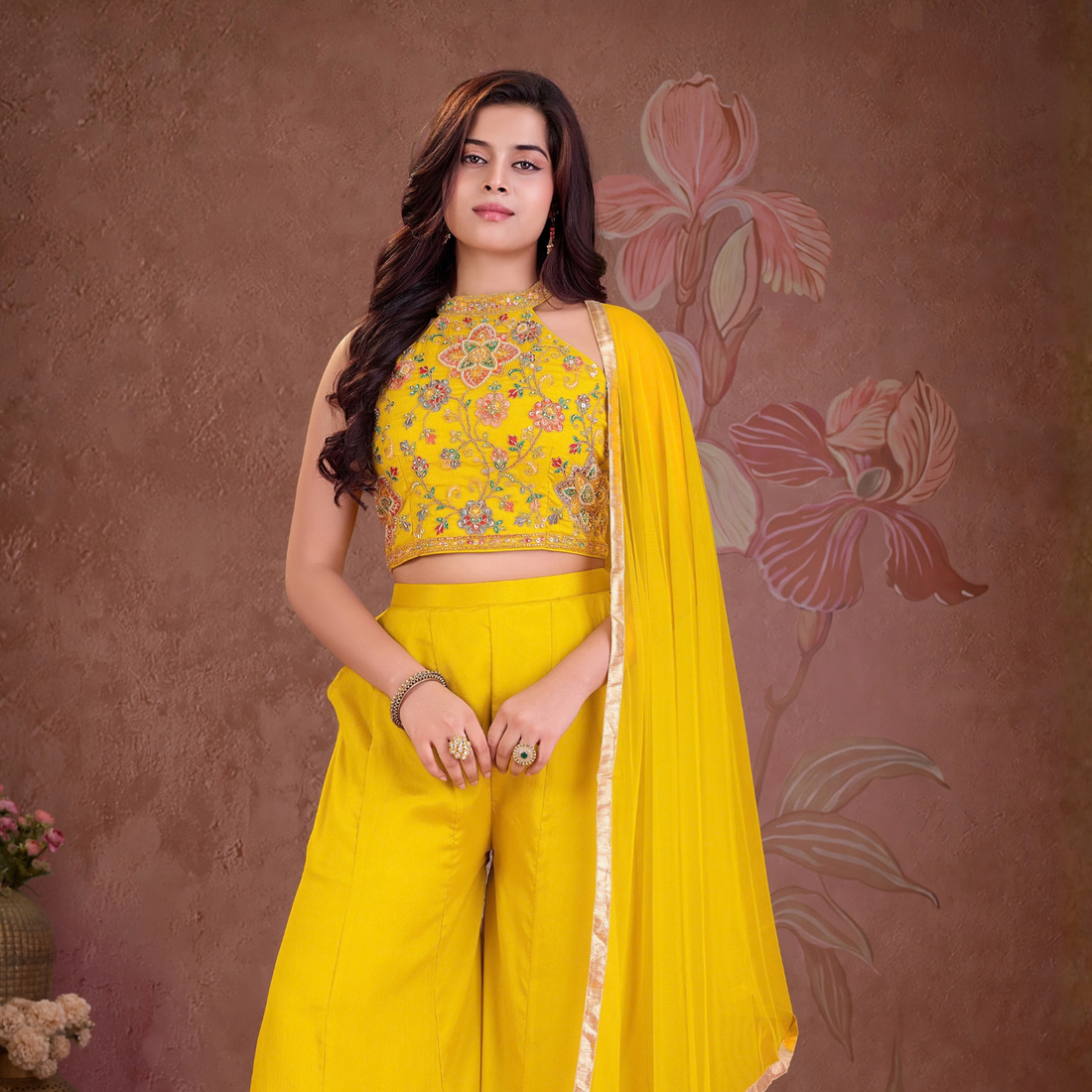 Girls Yellow Designer Palazzo Suit With Halter Neck Crop Top