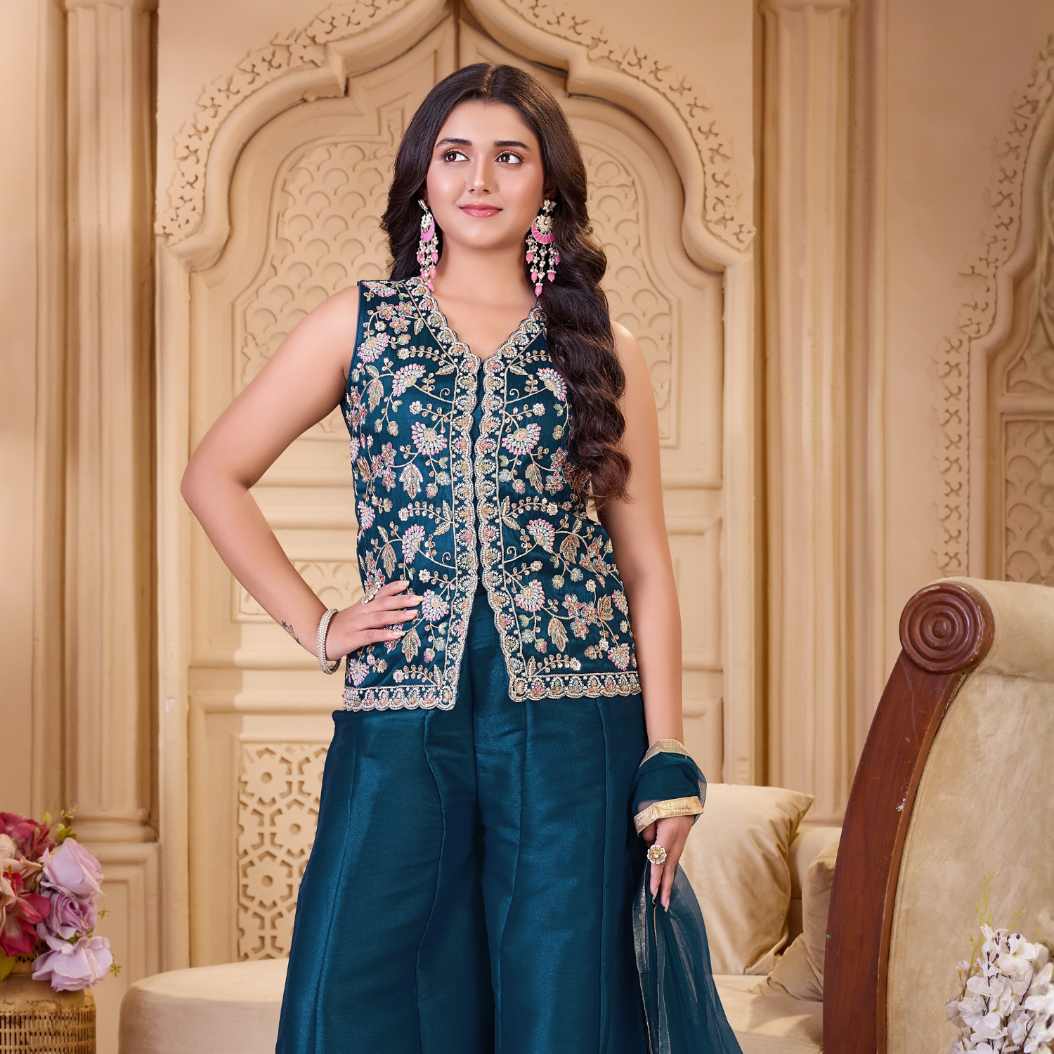 Ladies blue embroidered jacket palazzo set with dupatta