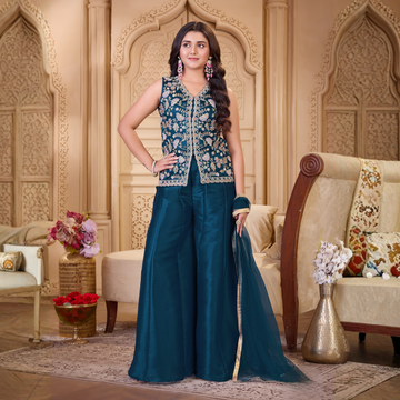 Ladies blue embroidered jacket palazzo set full view