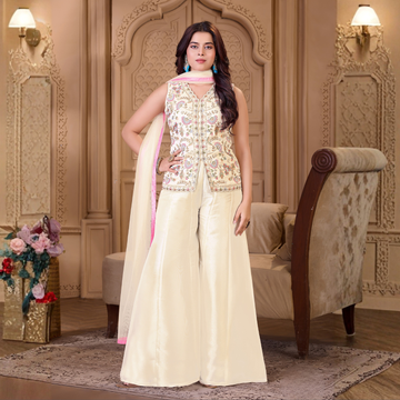 Girls Cream Embroidered Georgette Palazzo Set