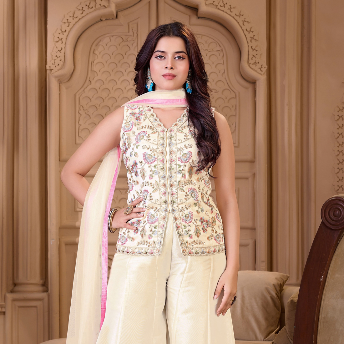 Girls Cream Embroidered Georgette Palazzo Set