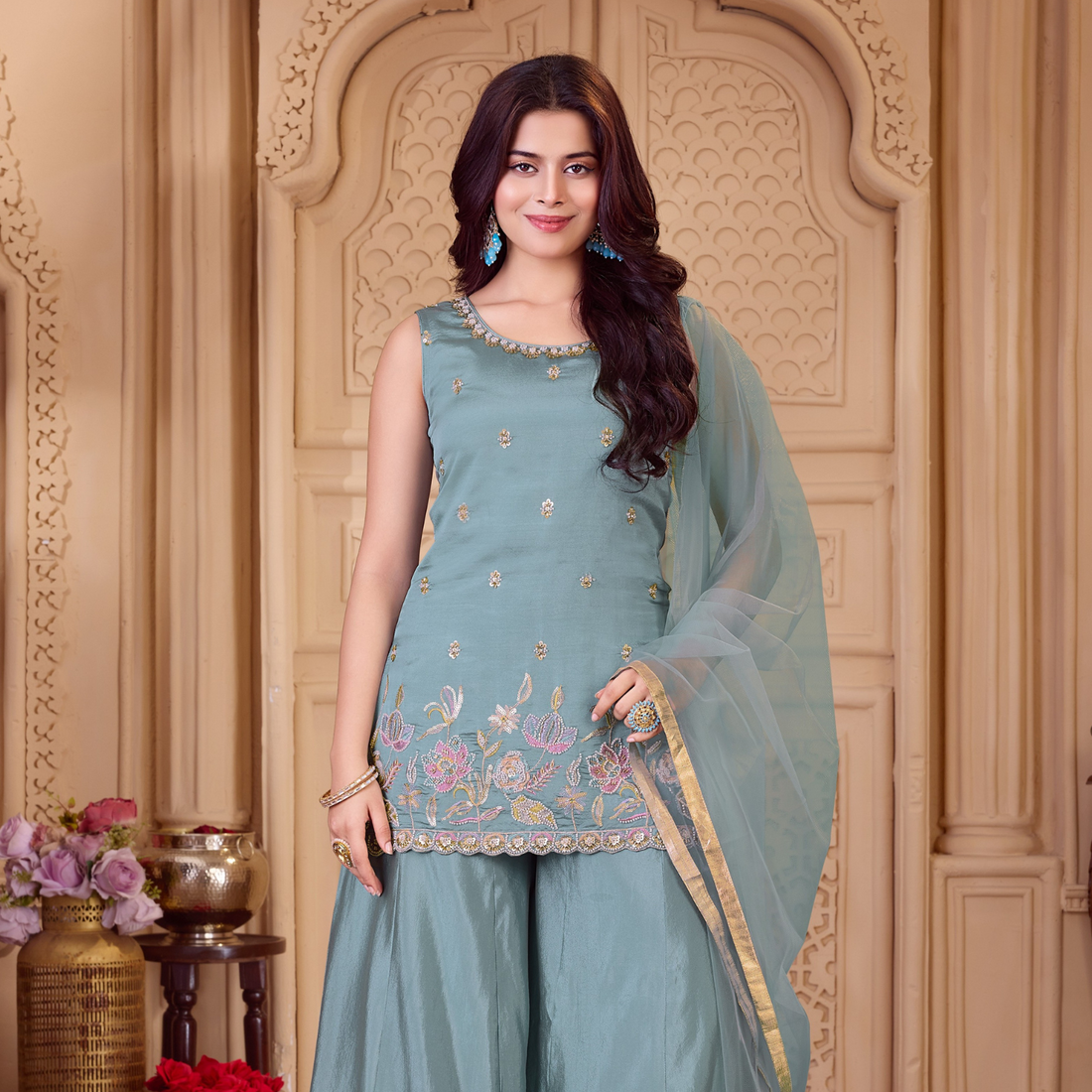Girls light blue embroidered kurta palazzo set with dupatta close-up