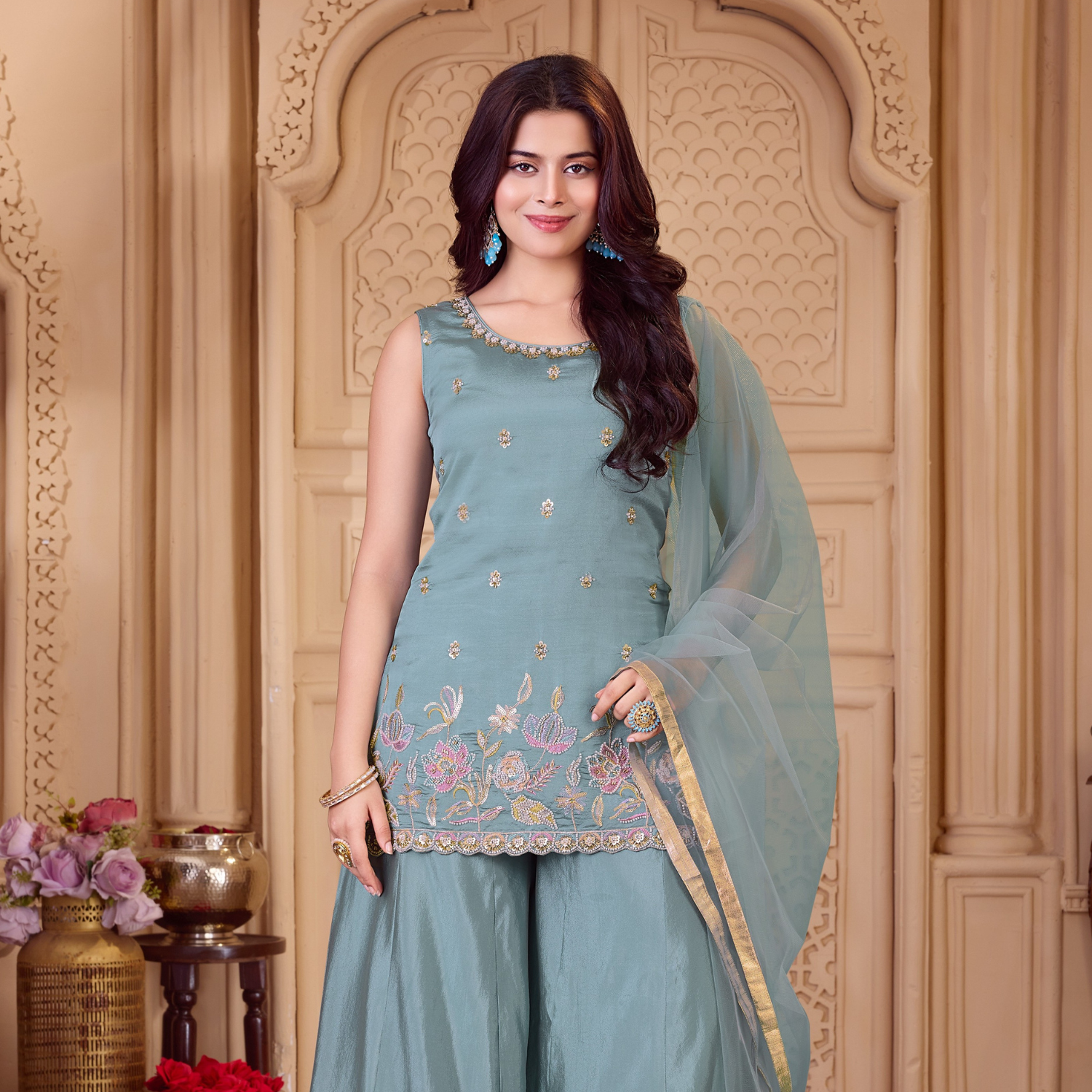 Girls light blue embroidered kurta palazzo set with dupatta close-up