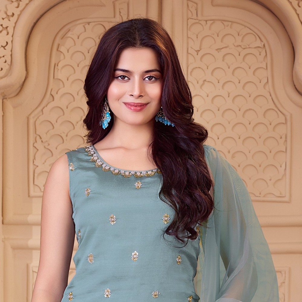 Girls light blue embroidered kurta palazzo set with dupatta full view