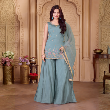 Girls light blue embroidered kurta palazzo set with dupatta
