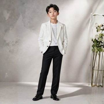 Boys Cream Full Sleeves Embellished Blazer with T-Shirt