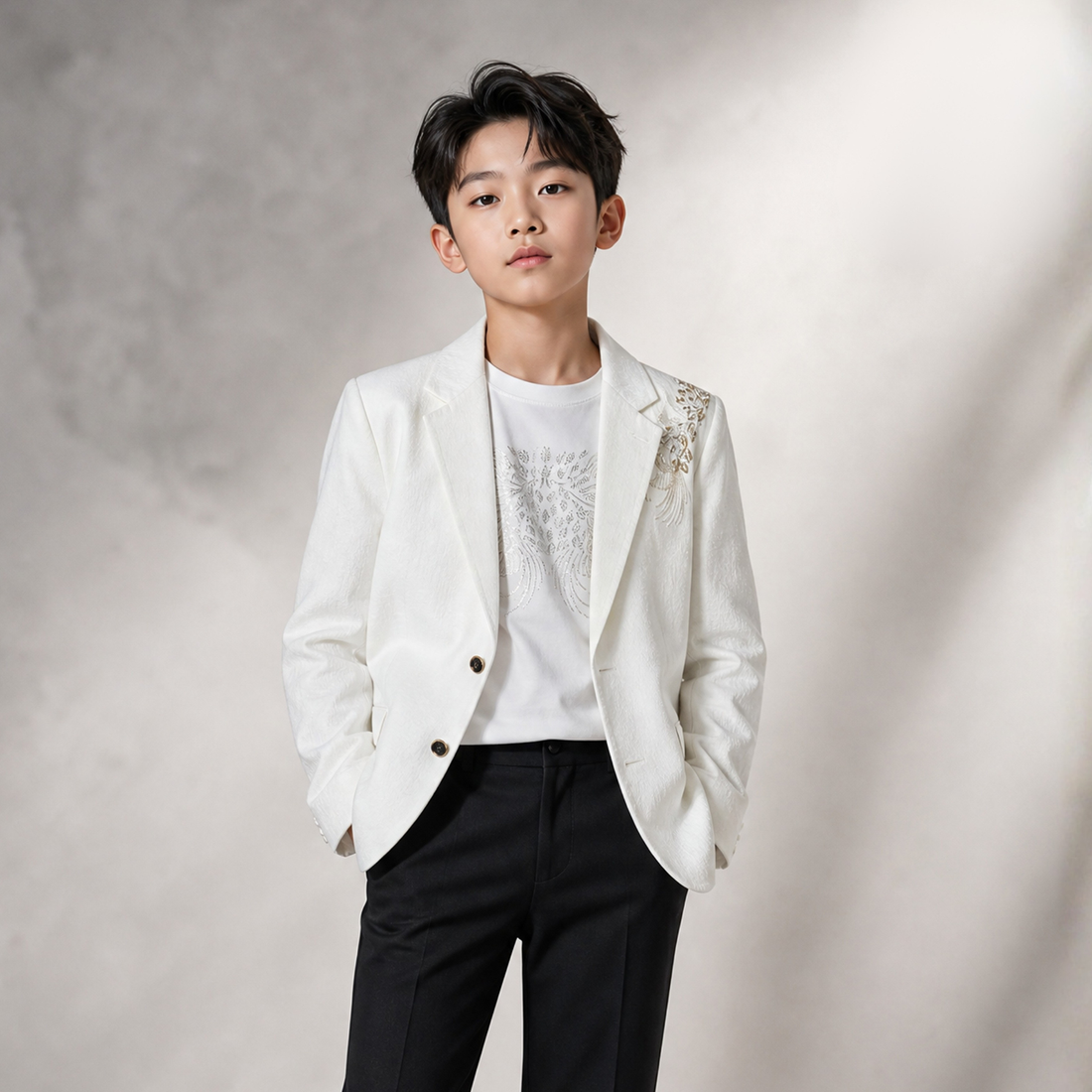 Boys Cream Full Sleeves Embellished Blazer with T-Shirt