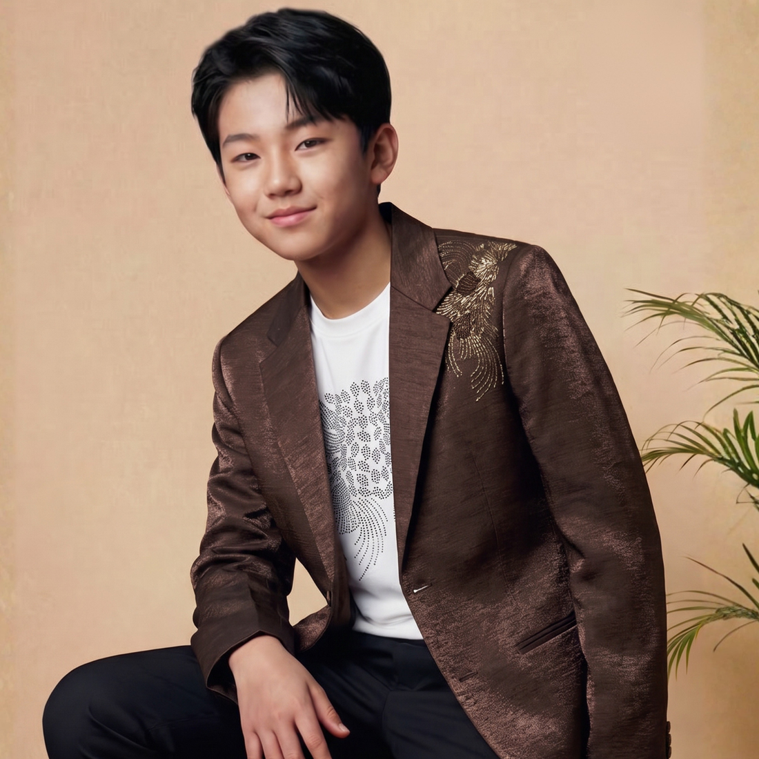 Boys Brown Embroidered Regular Fit Blazer