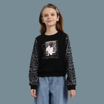 Girls Black Full Sleeve Leopard Print Top