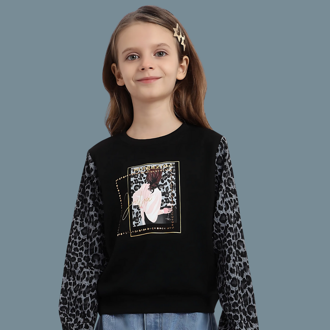 Girls Black Full Sleeve Leopard Print Top