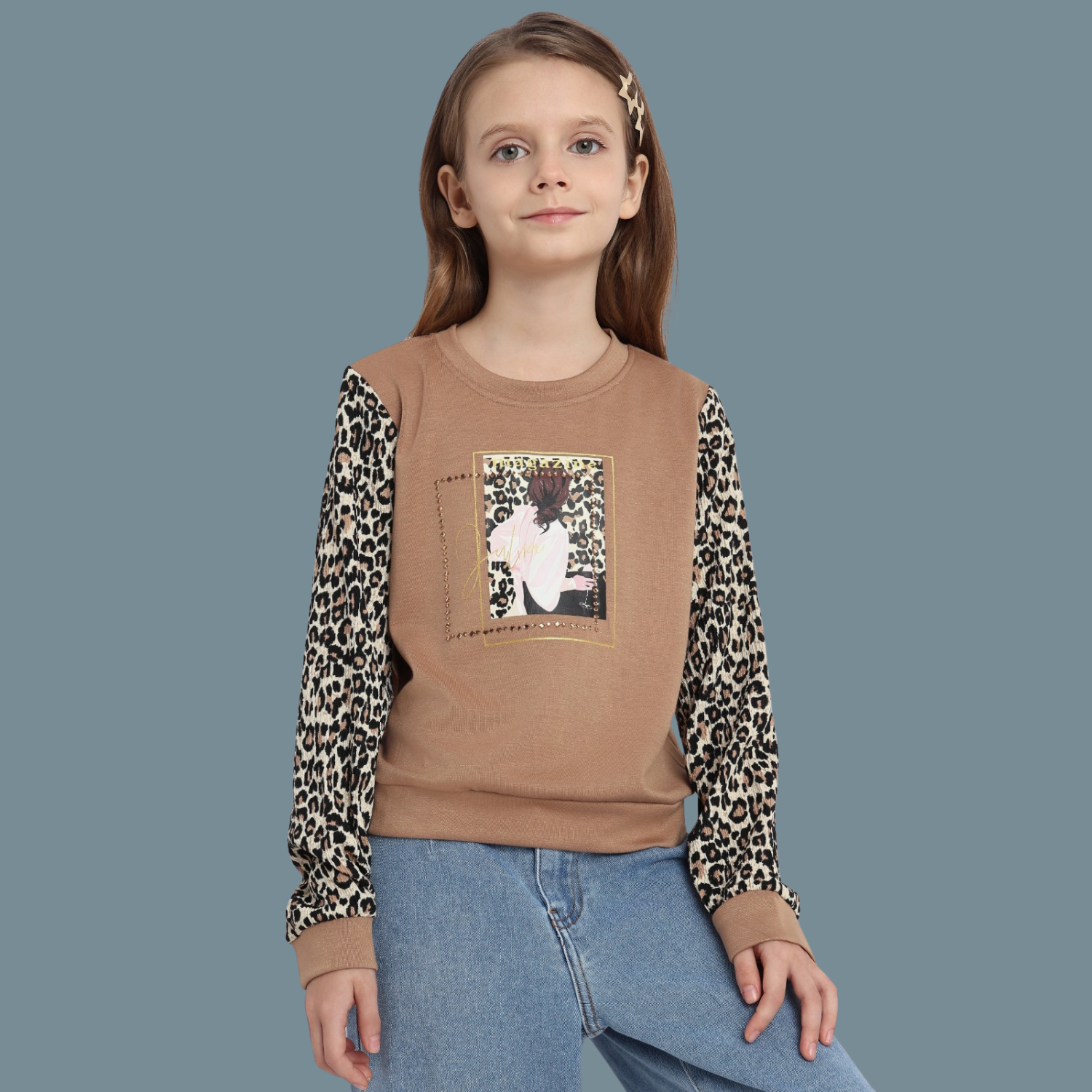Girls Brown Full Sleeve Leopard Print Top