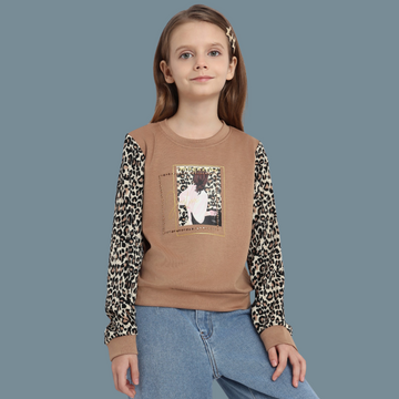 Girls Brown Full Sleeve Leopard Print Top