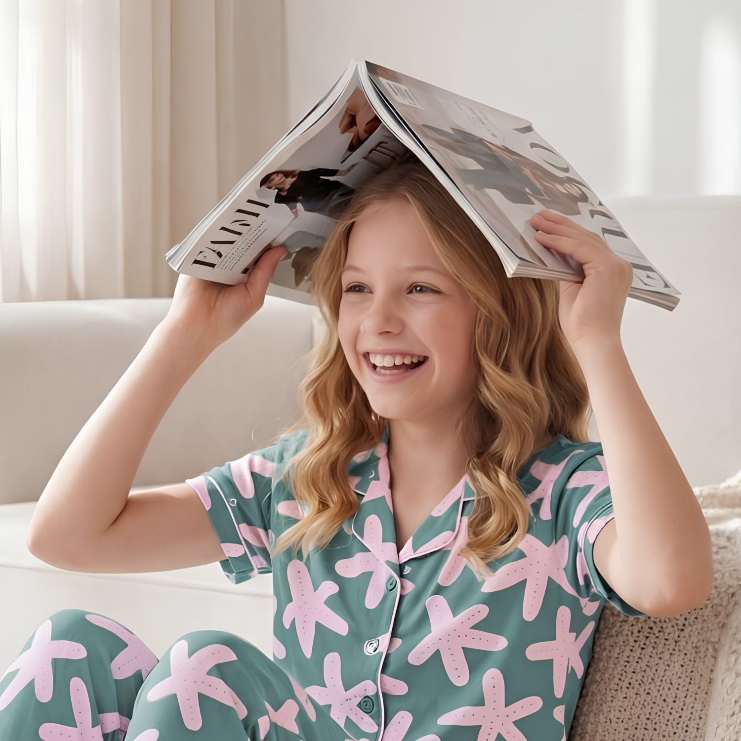 Girls green printed night suit