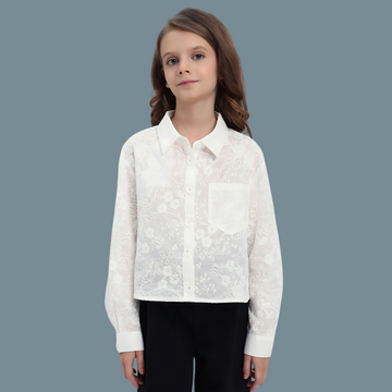 Girls White Full Sleeves Self Design Spread Collar Shirt