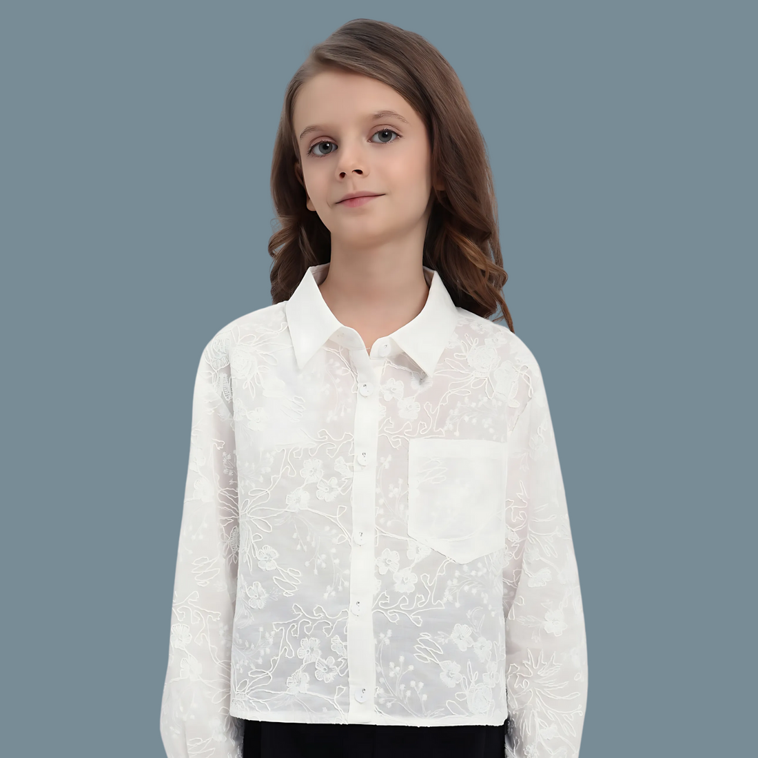 Girls White Full Sleeves Self Design Spread Collar Shirt